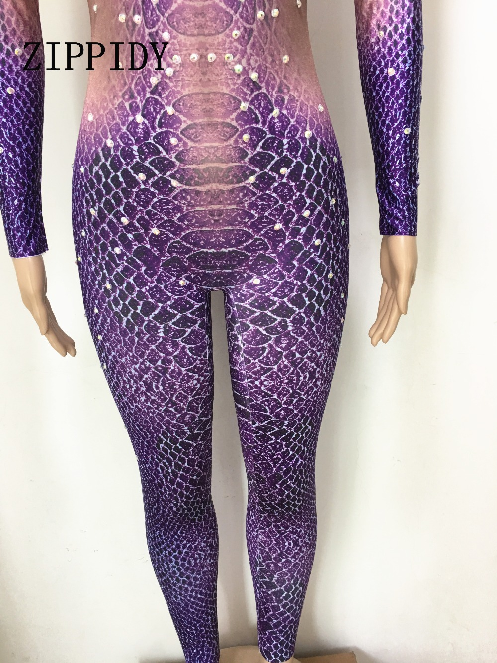 Purple Crystals Printed Snake Jumpsuit Party Stage Wear Sexy Rompers Costume Women's Performance Party Celebrate Bodysuit Outfit