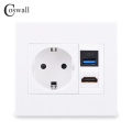Coswall PC Panel 16A EU Wall Power Socket With Female to Female HDMI-compatible 2.0 & USB 3.0 Connector