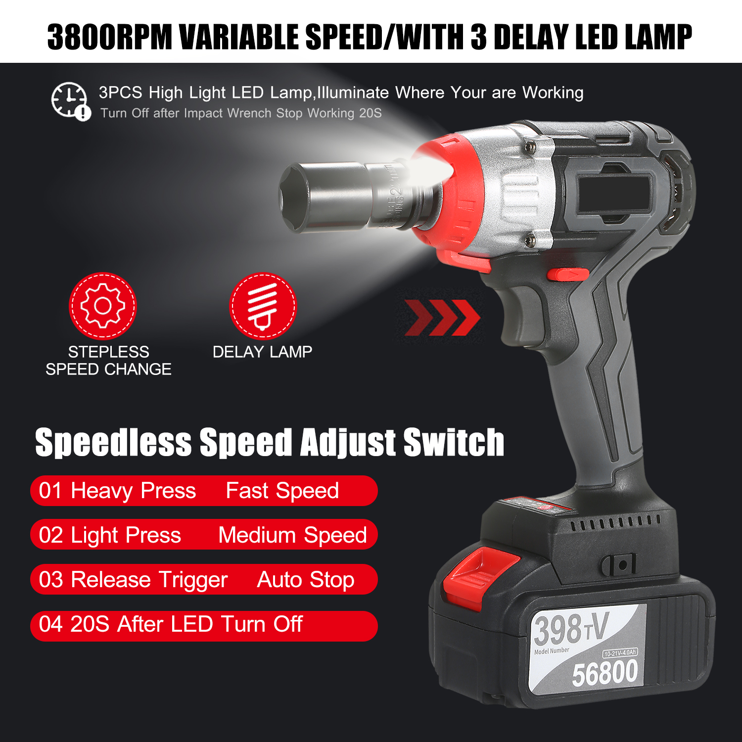 Powerful Impact Wrench Electric Burshless Impact Cordless Wrench 980NM Electric Wrench Rechargeable Lithium Battery