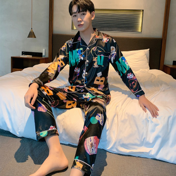 Men's Pajamas Set Autumn Leisure Elastic Waist Men Sleepwear Silk Men's Long Sleeve Nightwear Print Top + Long Pant Homewear