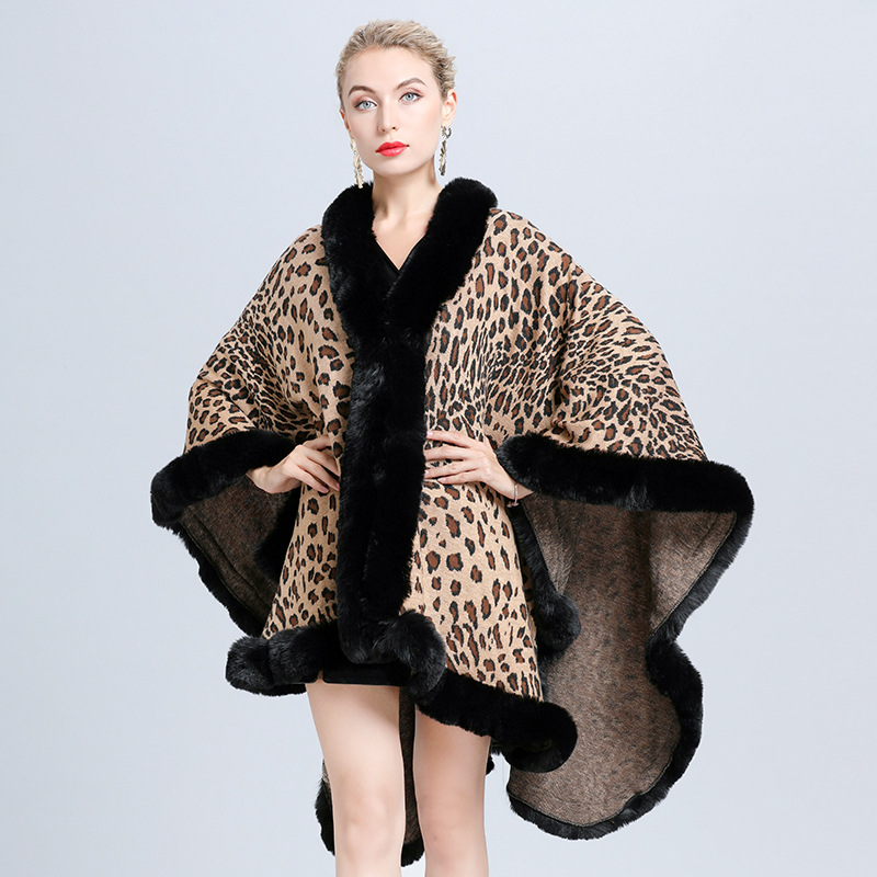 Sexy Women Imitated Cashmere Rex Rabbit Fur Cape Coat Leopard Jacquard Knit Cardigan Cloak Faux Fur Shawl Wraps Winter New