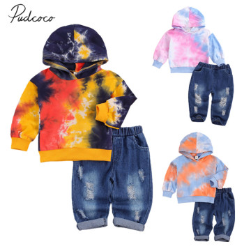 Infant Kids Baby Girl Hoodie, Ripped Trousers Suit, Dye Printed V-Neck Long Sleeve Hooded Top Loose Side Pockets Hollow Pants