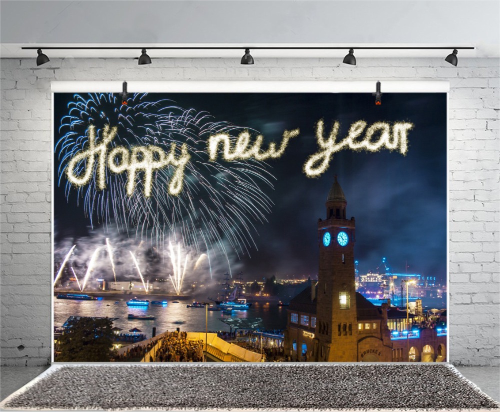 Laeacco Happy New Year Fireworks Firecrackers City London Night Scenic Photo Backgrounds Photography Backdrops For Photo Studio