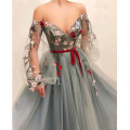 Gray Muslim Evening Dress Off Shoulder Embroidery Tulle Islamic Dubai Kaftan Saudi Arabic Long Sleeves Evening Gown Prom Dress