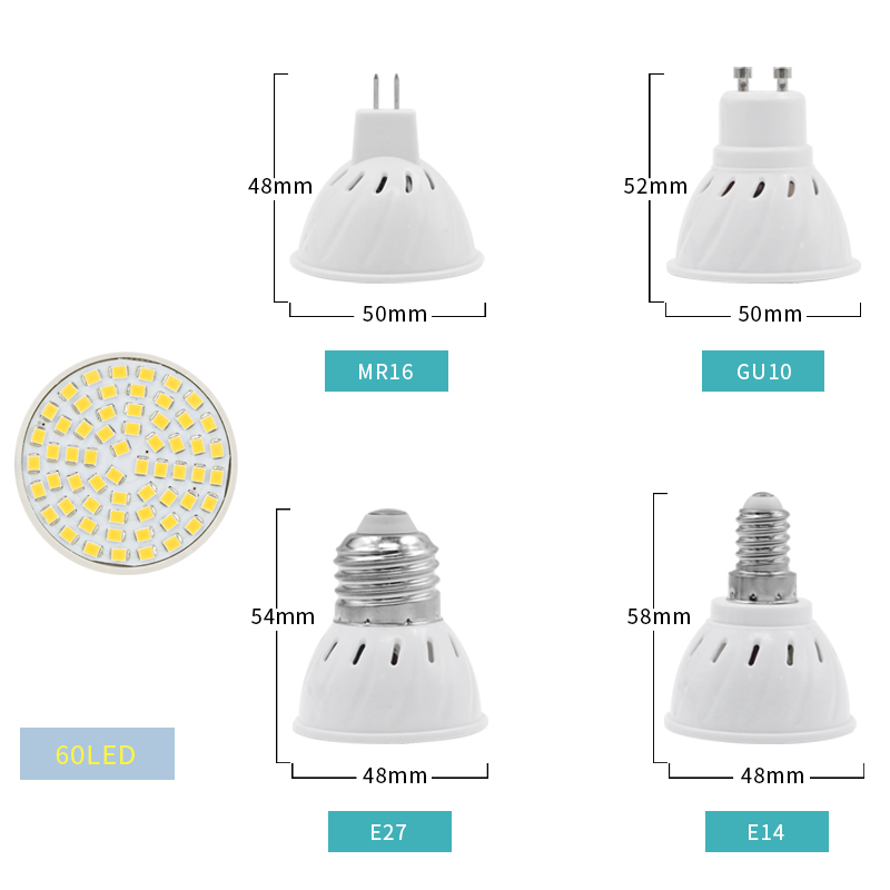 10Pcs/Lot GU10 MR16 LED Bulb E27 E14 LED Lamp AC 220V 240V 48 60 80 LEDs Spotlight Bulb Indoor Bombillas Lampada LED Spot light