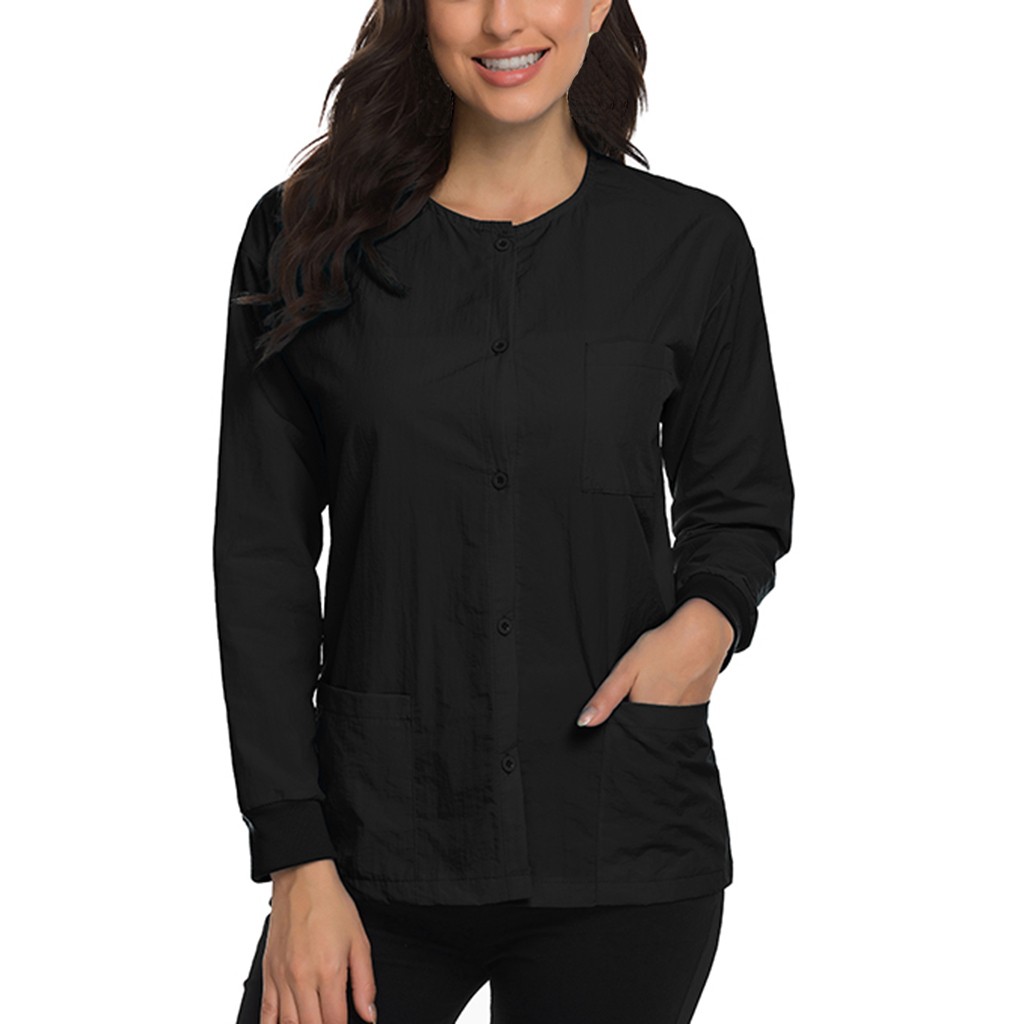 Women Long Sleeve O-neck Nursing Uniform Blouse Tops Jacket With Pocket Nursing Working Uniform Beauty Clothing