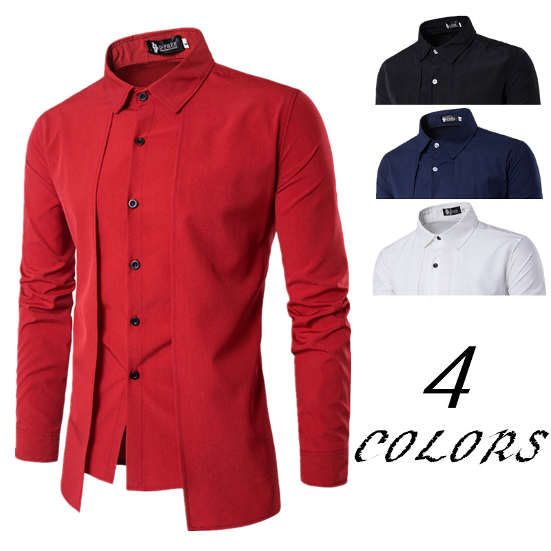 2019 Men's Shirts Casual Fake Two Piece Brand Bussiness Dress Shirts Autumn Solid Cotton Formal Clothing Long-Sleeved Top-blouse