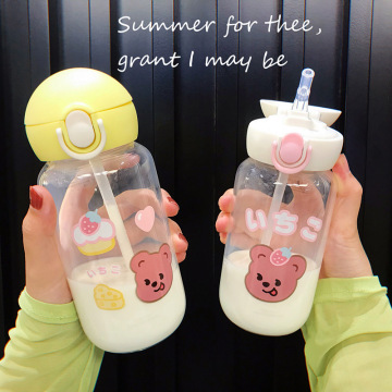 Kawaii Bear Glass Water Bottles Cute Cartoon Cup With Straw Portable Leakproof Kids Water Bottle For Girls School Drinking Cup