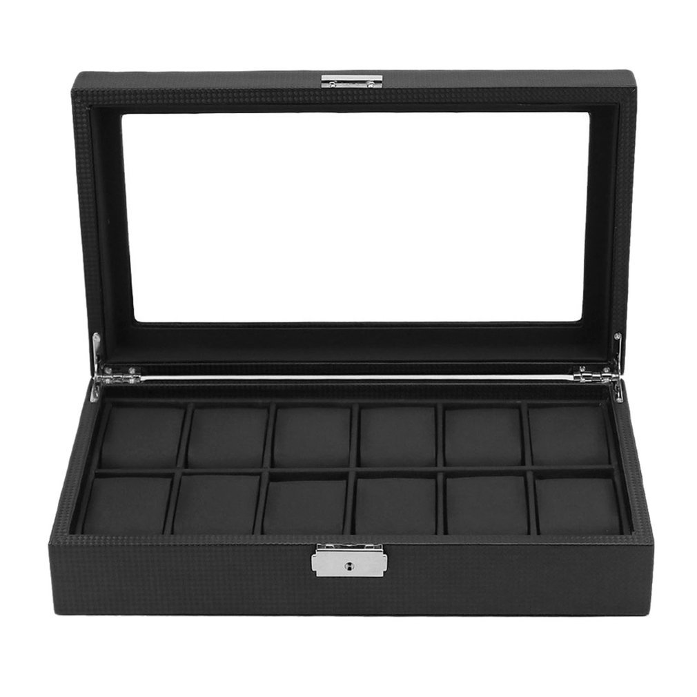 12 Grids Carbon Fiber Watch Box Jewelry Watch Display Storage Holder Rectangle Black Leather Watch Box Case Packaging Organizer