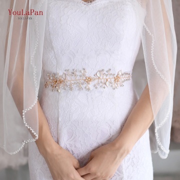 YouLaPan SH236-G Bridal Belts with Rhinestones Golden Crystal Wedding Belt Embellished Waist Belt Women Belt Skinny Bridal Belt