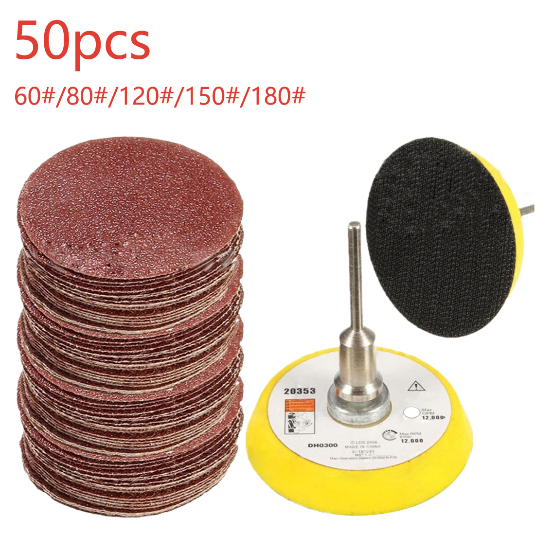 Abrasive polishing grinding nozzles 50pcs 2 inch red circular sandpaper 60/80/120/150/180+1pc Hook Loop Plate fit Dremel