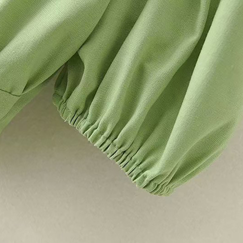 Aachoae Cotton Linen Cropped Blouses Women Chic Ruffle Short Sleeve Green Tops Sweet V Neck Solid Casual Blouse Shirt Blusas