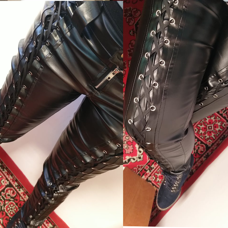 5XL Large Size Punk Gothic PU Leather Pencil Pants Women Sexy Skinny Lace Up With Rivet Zipper Medieval Retro Viking Long Pants