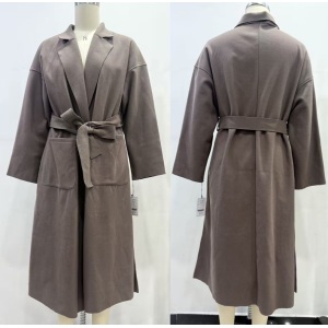 Beige Long Women's Coat with Belt and Pockets