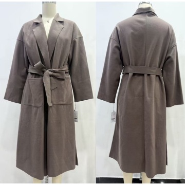 Beige Long Women's Coat with Belt and Pockets