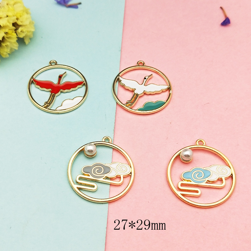 10pcs Chinese Style Crane Cloud Enamels Charms Pendants Hollow Out Round Floating Fit DIY Bracelet Earring Jewelry Accessories