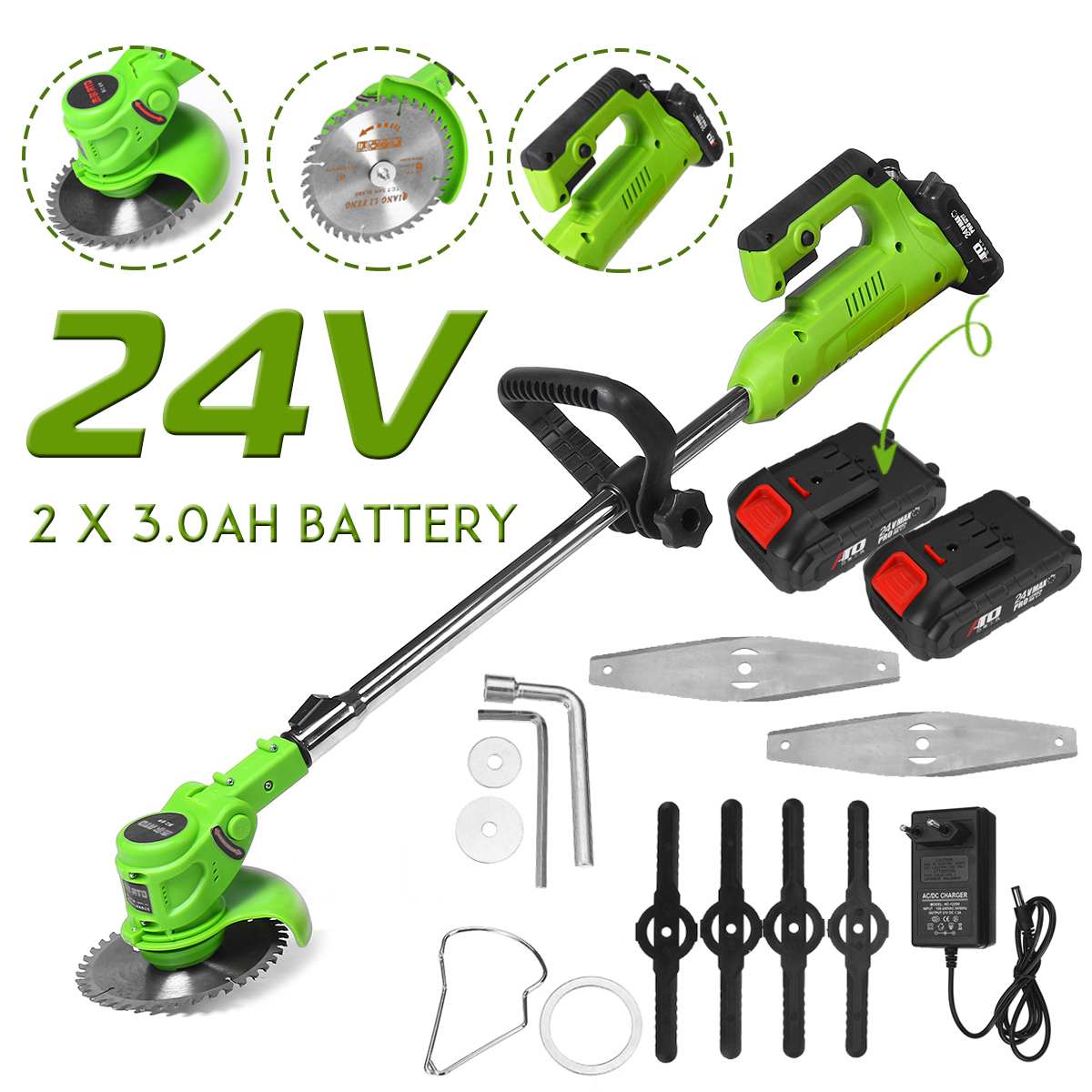 24V Cordless Electric Grass Trimmer with 2Pcs Battery 3.0Ah Adjustable Lawn Mower Home Push Lawnmower Garden Power Tool
