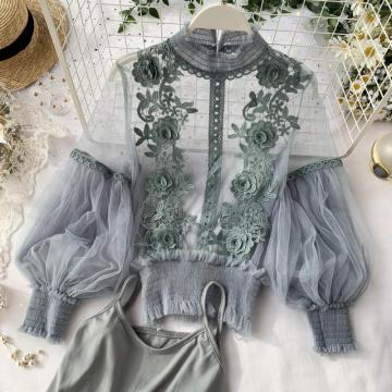 Spring Women Tops Fashion Sexy Sheer Lace Blouse Lantern Sleeve 3D Floral Blouses Shirts Elegant Top Blusas Femininas