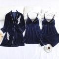 Sexy Women Sleepwear Robe with Pants Velvet Pajamas Lace Sleep Lounge 4 Pcs Sets Ladies Nightgown Bathrobe Indoor Clothing Suit