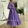 Purple O-Neck Corseted Prom Dresses Long Sleeves Dotted Tulle Tea-Length Evening Dresses Exposed Boning A-Line Party Dresses