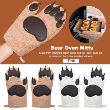 Insulated Heat Resistance Frying BBQ Outdoor Camping Cooking Baking Kitchen Gloves Bear Oven Mitts Cotton Blend Hanging Cute