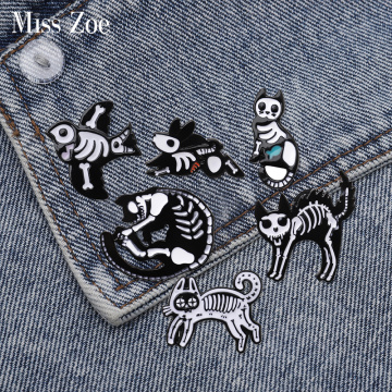 Animal Skeleton Enamel pin Custom Brooch Bag Clothes Lapel Pin Cats Bird Rabbit Badge Punk Dark Animal Jewelry Gift for Friends