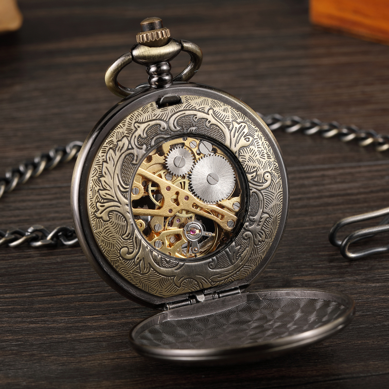 Retro Bronze Rudder Hollow Design Mechanical Hand-wind Pocket Watch Unique Double-sided Opening Skeleton Fob Pocket Watch Chain