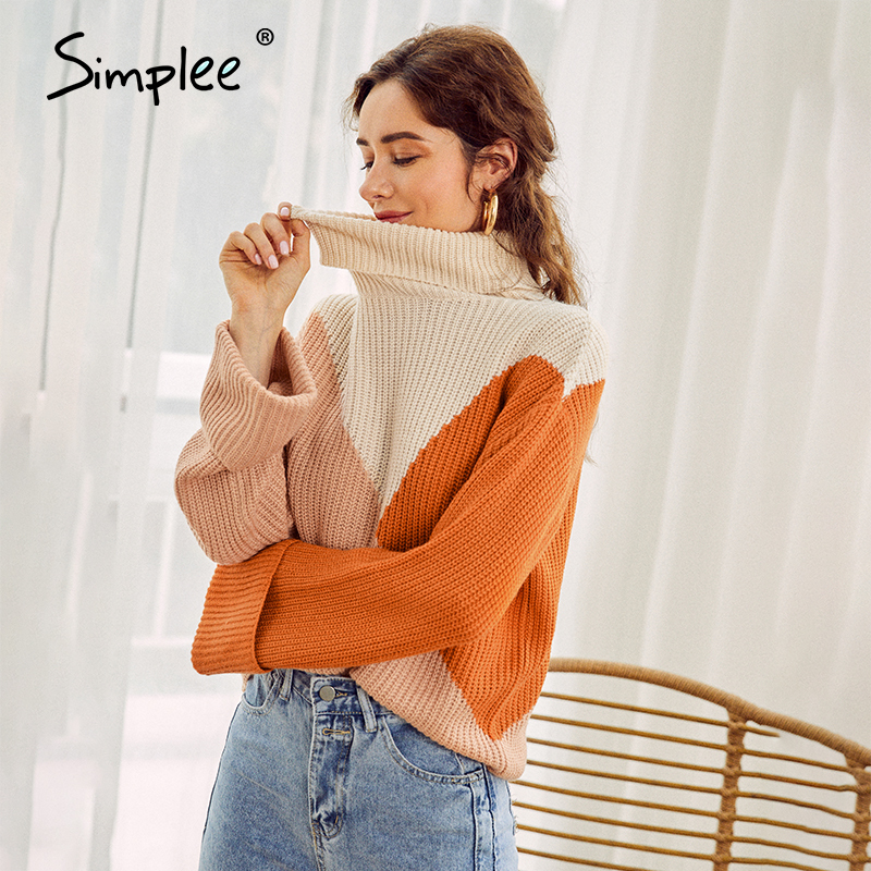 Simplee turtle winter 2020 pullover woman sweater harajuku patchwork sweaters women knitted high fashion female loose jumper