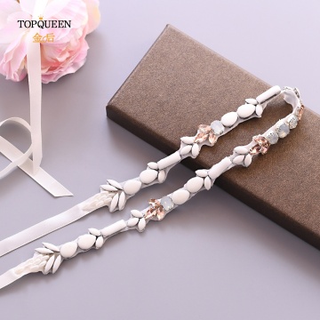 TOPQUEEN S422 White Beads Bridal Belt Woman Belts with Rhinestones Opal Luxury Bridal Belts Girdles for Women Thin Bridal Belts