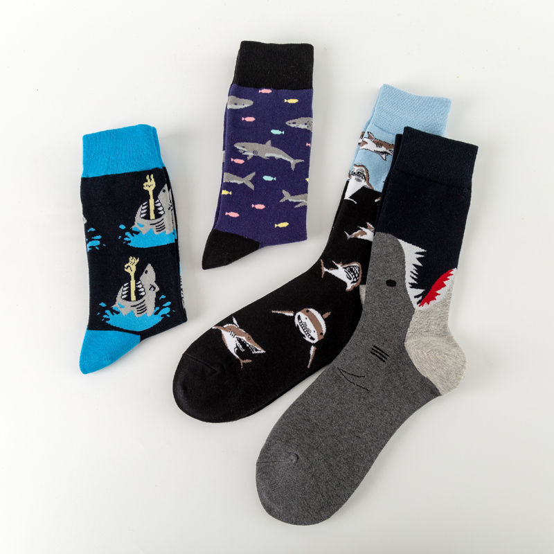 New Casual Combed Cotton Men's Socks Tend Harajuku Street Hip Hop Funny Happy Socks Colorful Shark Pattern Long Socks For Men