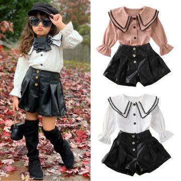 1-6Y Toddler Kids Baby Girl Autumn Clothes Sets Sailor Collar Tassel Tops Shirt+Leather Shorts Outfits