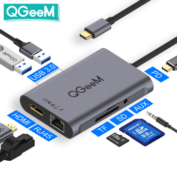 QGeeM 8 In 1 USB C Hub for Macbook Pro USB Hub 3.0 Adapter PD HDMI RJ45 TF SD 3.5mm Aux Type C Hub for iPad Pro Splitter Dock