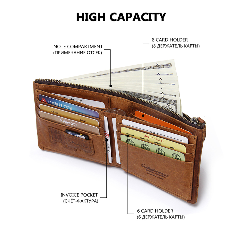 CONTACT'S Men's RFID-Blocking Bifold Wallet Genuine Leather Zipper Purses Vintage Brand New Money Bag Card Holder Short Wallet