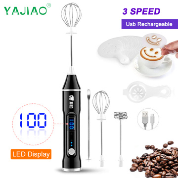 YAJIAO New LED Display Milk Frother Electric Handheld Blender USB Rechargeable 3-Speed Mixer for Coffee Egg Latte Cappuccino