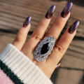 SINLEERY Luxury Big Black Crystal Long Rings For Women Silver Color Cubic Zirconia Wedding Exaggerated Jewelry JZ561 SSP
