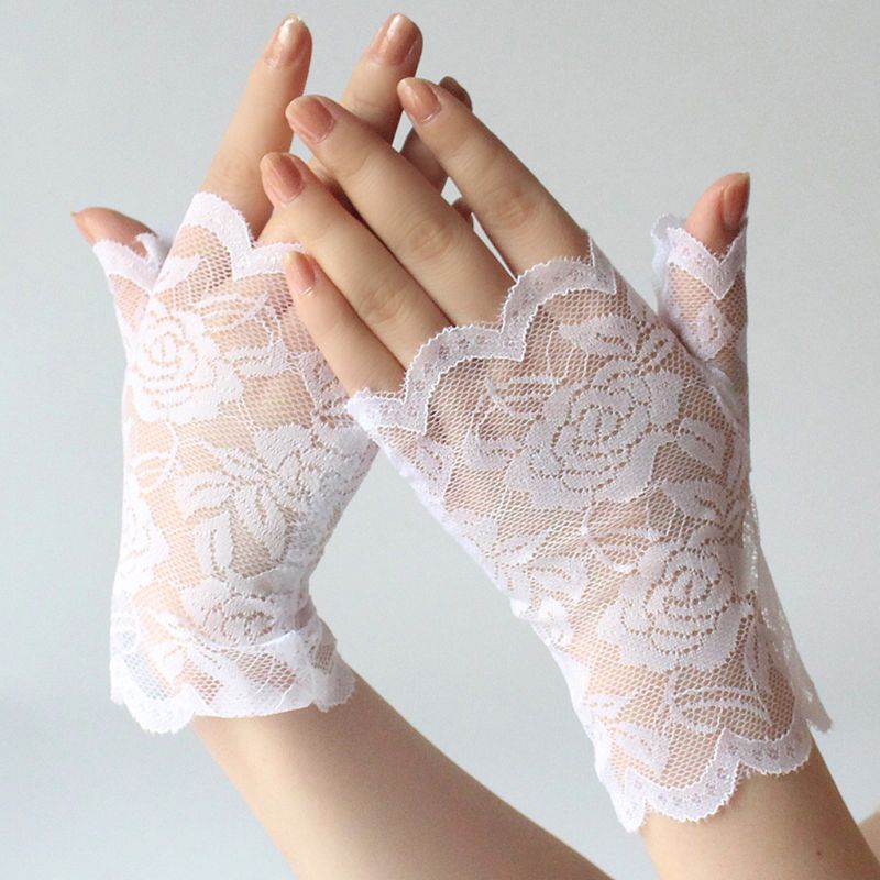 Women Summer Floral Lace Fingerless Gloves UV Sun Protection Driving Mittens