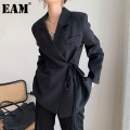 [EAM] Women Irregular Bandage Big Size Blazer New Lapel Long Sleeve Loose Fit Jacket Fashion Tide Spring Autumn 2021 1DB323