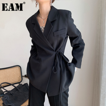 [EAM] Women Irregular Bandage Big Size Blazer New Lapel Long Sleeve Loose Fit Jacket Fashion Tide Spring Autumn 2021 1DB323