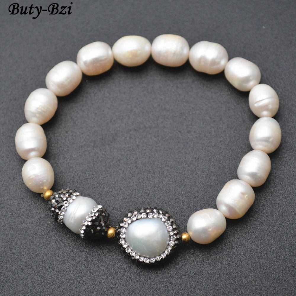 Paved Black Crystal Natural Fresh Water Pearl Big Potato Beads Stretch Charm Bracelets High Quality Fashion Woman Jewelry Gift