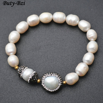 Paved Black Crystal Natural Fresh Water Pearl Big Potato Beads Stretch Charm Bracelets High Quality Fashion Woman Jewelry Gift