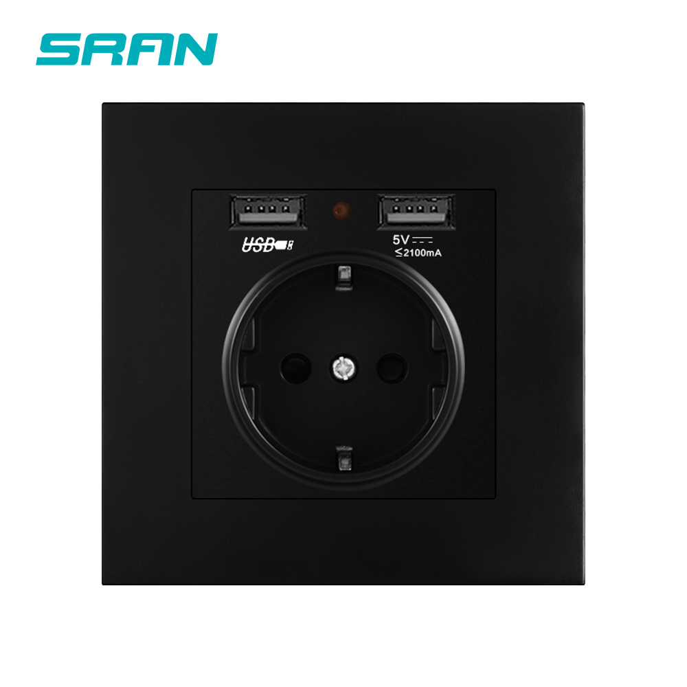 SRAN EU power socket ,socket with usb charging port 2.1A 16A white PC Panel 86mm*86mm Russia Spain Wall Socket