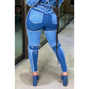 CM.YAYA Women Patchwork Denim Pants Retro Sexy Jeans Ripped Pencil Panelled Trousers Street Skinny High Waist Lady Jean Pants