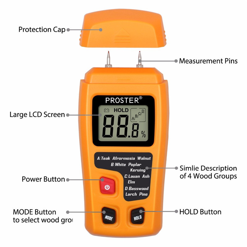 Proster Portable Wood Moisture Meter 0.5% Accuracy Hygrometer Timber Tree Density Digital Electrical Tester Cardboard Measuring
