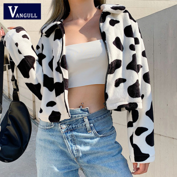 Vangull Fur Coats For Women Cow Print Teddy Jacket Modis Longslive Zipper Casual Warm Autumn Winter 2020 Harajuku Coat Female