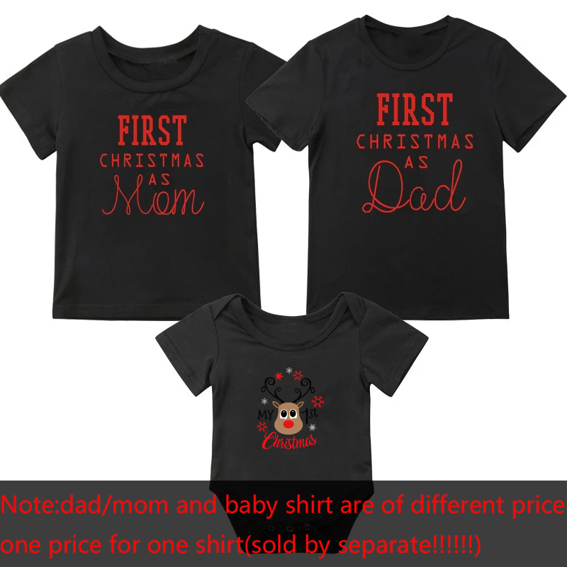 1Pc First Christmas As Mom Dad T-shirt Funny Family Matching Tshirt Mommy Daddy Baby Short Sleeve Black T Shirt Clothes