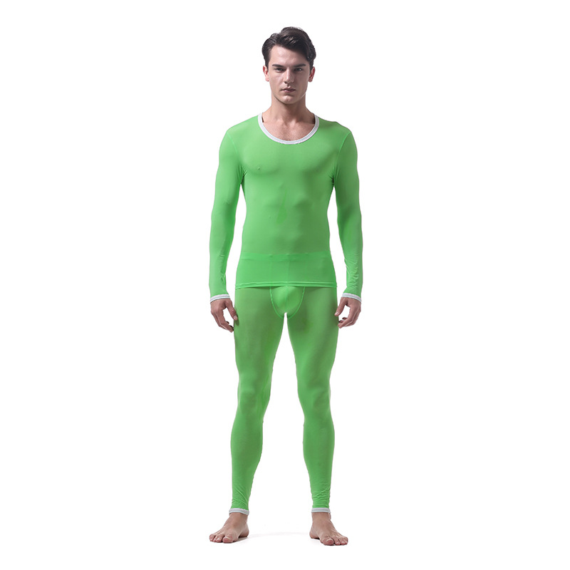 2PCS/Set Men Thermal Compression Set Ice Silk Underwear Men Sexy Long Johns Transparent Underwear Bottom Soft Legging Underwear