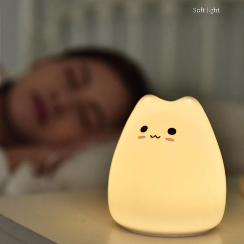Cute LED Night Light Silicone Touch Sensor 7 Colors Cat Night Lamp Kids Baby Bedroom Desktop Decor Ornaments Battery/USB Charge