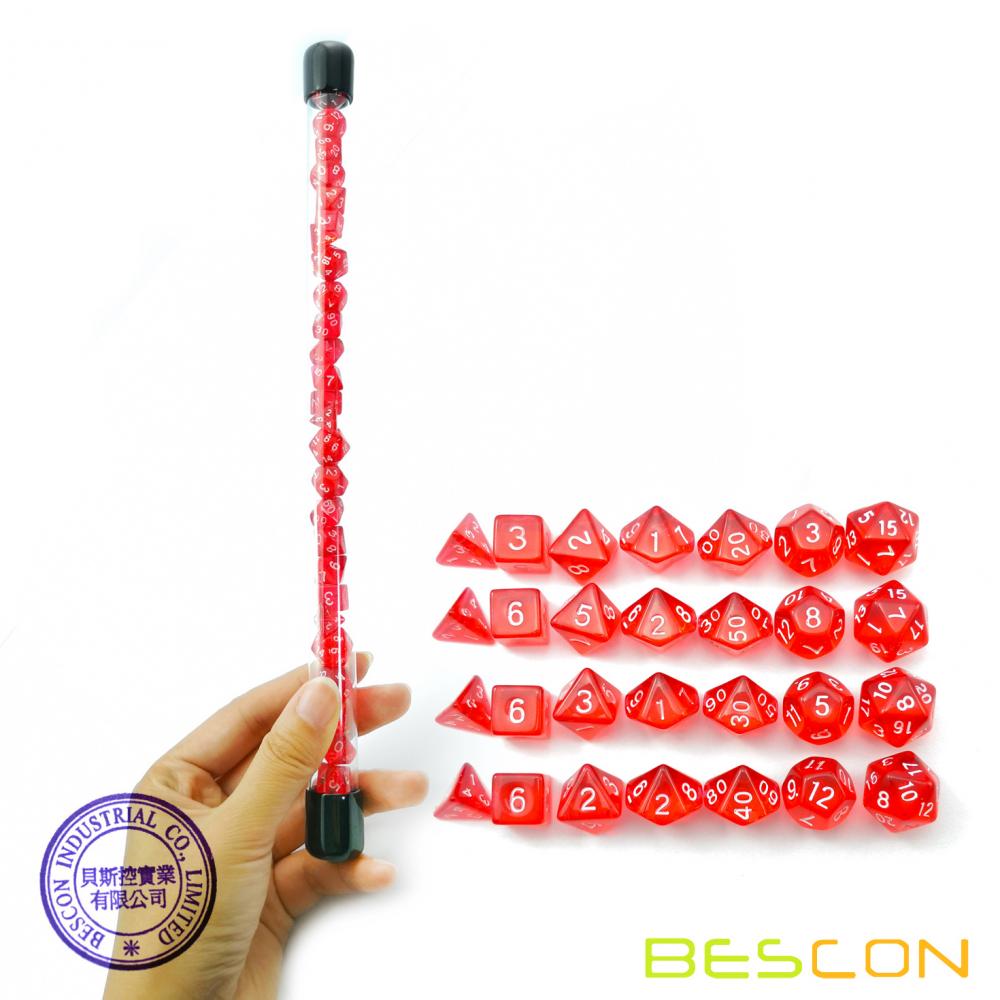 Bescon 28pcs Translucent Red Mini Polyhedral Dice Set in Tube, Ruby Dice Dungeons and Dragons 4X7pcs, Mini Ruby Gem Dice Set