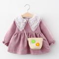 2Piece Spring Fall Newborn Baby Girls Dresses Korean Cute Pink Lace Cotton Toddler Princess Dress+Bag Infant Clothing Sets 1977