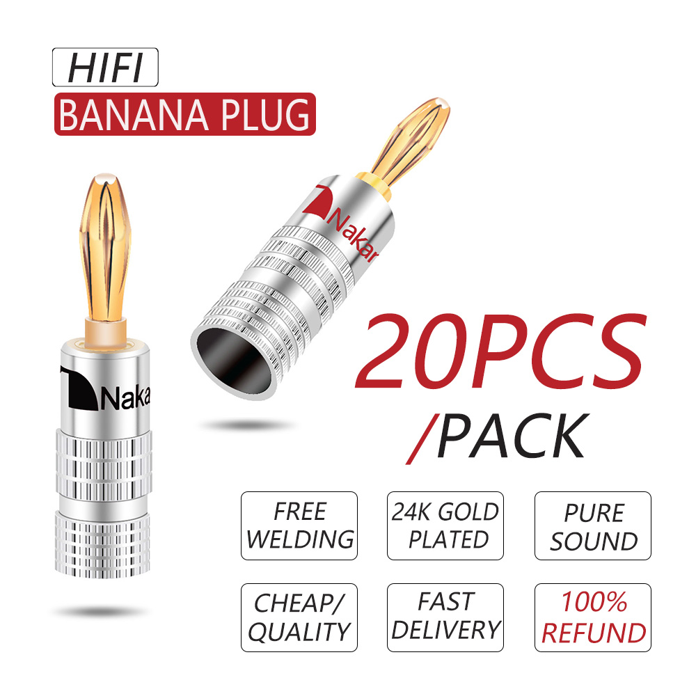 20pcs/10pairs Nakamichi BANANA PLUGS 24K Gold-plated 4MM Banana Connector with Screw Lock For Audio Jack Speaker Plugs Black&Red